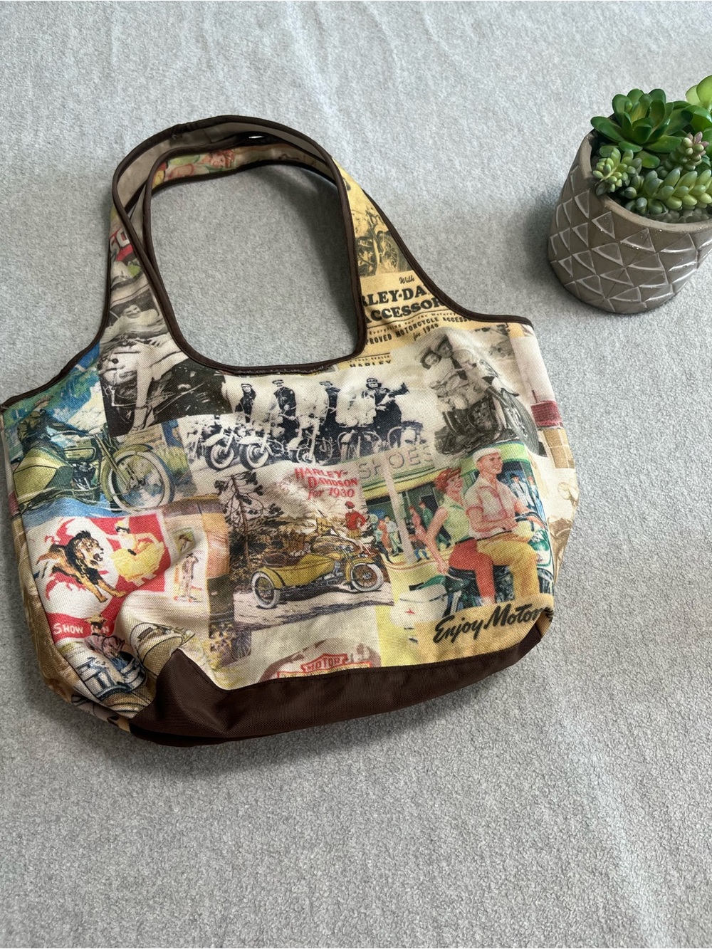 Vintage-Harley-davidson Inspired Graphic Mural Tote Bag in Multi-Color